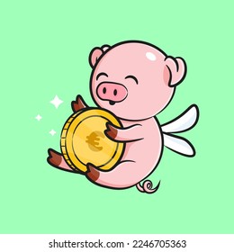 Cute pig, money box, pig holding a coin euro, saving money, business icon isolated on blue background