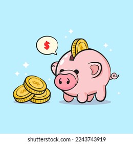 Schwein, Geldbox, Geld und Stack von Münzen, Geld sparen, Business Icon einzeln auf blauem Hintergrund. Piggy-Zeichen-Vektorsymbol