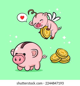 Schwein, Geldbox, Geld und Stack von Münzen, Geld sparen, Business Icon einzeln auf grünem Hintergrund. Piggy-Zeichen-Vektorsymbol