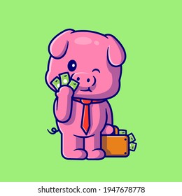 Cute Pig With Money Cartoon Vector Icon Illustration. Animal Business Finance Icon Concept Isolated Premium Vector. Flat Cartoon Style