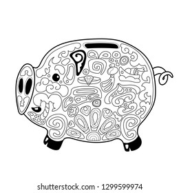 Cute pig money saving box with chinese style ornament for coloring. Chinese New Year Pig vector illustration on white background. Pig saver box coloring page. Oriental prosperity symbol on outline pig