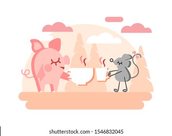 Cute pig and mouse or rat drink warm beverages. Spending time with friends in open air. Seeing the new year 2020. Symbols of 2019 and 2020. Old and New year. Nature lover. Greeting card with animals.
