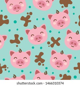 Cute Pig in Mud Background Seamless pattern. Baby clothing water color texture. 