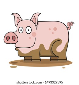 Cute Pig In The Mud Vector Illustration On White Background