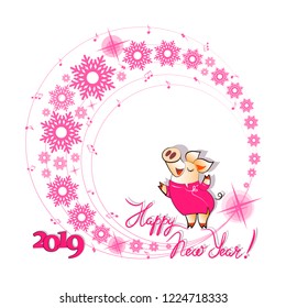 Cute pig in the musical circulation of snowflakes. Happy New Year! 2019. Composition with space for text. Design for postcard, poster, advertisement, calendar.