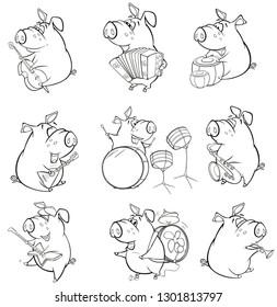 A Cute Pig Musician. Set Cartoon Character for you Design and Computer Game. Coloring Book Outline 