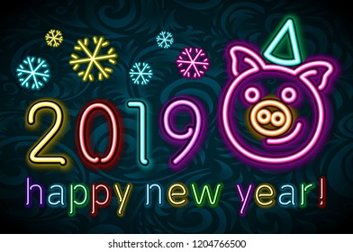 Cute pig neon, happy New year 2019 colorfull design, chinese horoscope symbol, vector illustration art