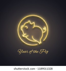 Cute pig neon logo, New year 2019 gold design, chinese horoscope symbol, vector illustration
