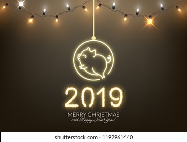 Cute pig neon logo, New year 2019 gold shiny glow design, chinese horoscope symbol, vector illustration