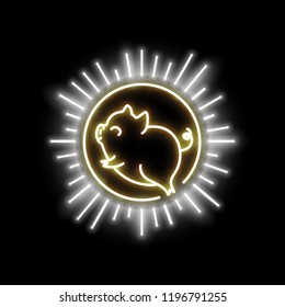 Cute pig neon logo, New year 2019 gold shiny glow design, chinese horoscope symbol, vector illustration