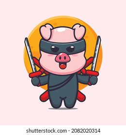 Cute pig ninja. Cute cartoon animal illustration.