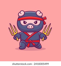 Cute Pig Ninja Holding Trisula Sword Cartoon Vector Icon
Illustration. Animal Holiday Icon Concept Isolated Premium
Vector. Flat Cartoon Style