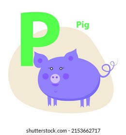 Cute pig on alphabet icon character P drawn pattern on white background. Round pet with light piglet and swirling tail. Vector illustration of preschool education for children with funny animal.