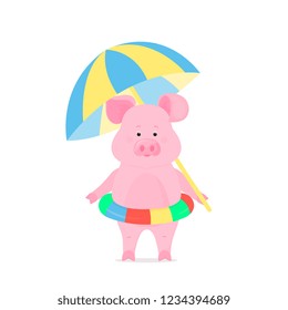 Cute pig on a beach vacation with an inflatable swimming circle and a sun parasol. Funny animal. Piggy Cartoon Character. The symbol of the Chinese New Year 2019.