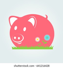 Cute pig on flower meadow