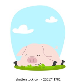 cute pig on grass cartoon