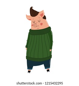 Cute pig on isolated background. Character funny pig. Vector illustration
