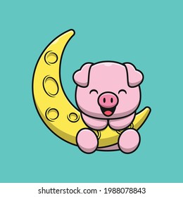 Cute pig on moon cartoon illustration