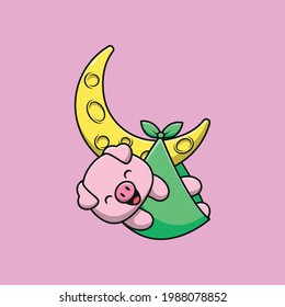 Cute pig on moon cartoon illustration