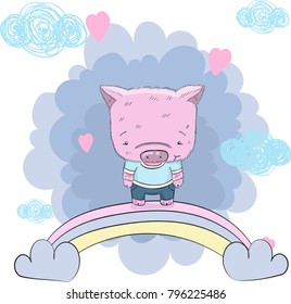 Cute pig on a rainbow cartoon drawn vector illustration. Can be used for print t shirts baby, design print fashion socks kids, congratulations celebrations baby shower cards and invitations.