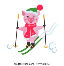 Cute pig on skis isolated on white background, symbol in the Chinese calendar the of the 2019 Year. Vector illustration. Symbol of 2019.