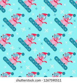 Cute pig on snowboard, seamless pattern. Symbol in the Chinese calendar of the 2019 Year. Vector illustration. Symbol of 2019.