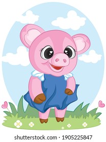 cute pig on a spring green grass. Pig smiling. Cheerful pig.