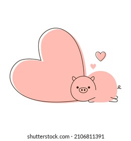 Cute Pig on white background. Pig character design. Heart vector. Happy Valentine's day.