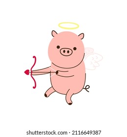 Cute Pig on white background. Pig character design. Happy Valentine's day. Character Cartoon Little Pig Cupid shooting a love, bow and arrow flying on white wings.