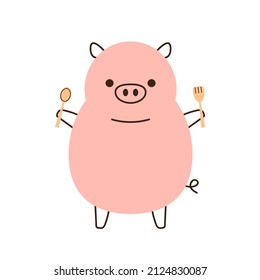 Cute Pig on white background. Pig character design. Wood spoon vector.