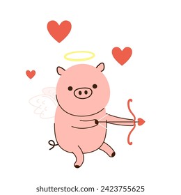 Cute Pig on white background. Pig character design. Happy Valentine's day. Character Cartoon Little Pig Cupid shooting a love, bow and arrow flying on white wings.
