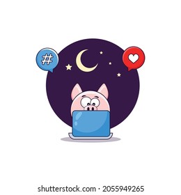 Cute pig operating Laptop at night. Cartoon Vector Icon Illustration.heart and hashtag icon. Can be used as illustration for Kids,poster or t-shirt.