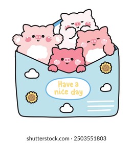 Cute pig in paper mail have cloud and sunflower cartoon design.Message.Card.Have a nice day text.Farm animal character.Kawaii.Vector.Illustration.