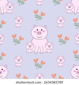 Cute pig pattern with flowers, pastel colors