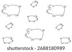 Cute pig pattern illustration in black and white outline, seamless farm animal design, adorable pigs cartoon drawing, minimalist style piggy background for kids, wallpaper and textile