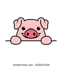 Cute pig paws up over wall, pig face cartoon icon, vector illustration