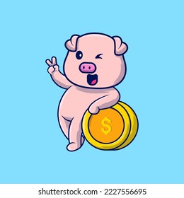 Cute Pig Peace Hand With Gold Coin Cartoon Vector Icons Illustration. Flat Cartoon Concept. Suitable for any creative project.