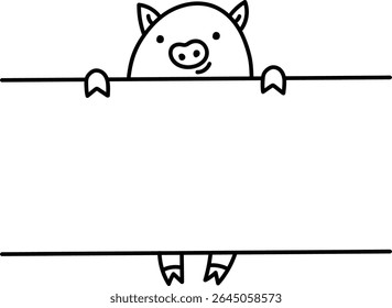 A cute pig peeks over a blank sign in a simple line drawing style. The pig's cheerful expression adds charm to the empty banner. Cartoon vector illustration.