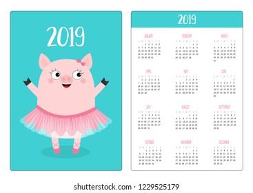 Cute pig piggy ballerina. Ballet dancer. Simple pocket calendar layout 2019 new year. Week starts Sunday. Cartoon character. Vertical orientation. Flat design. Blue background. Vector illustration