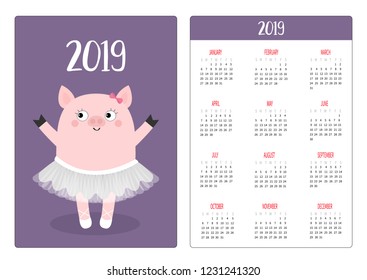 Cute pig piggy ballerina. Ballet dancer in dress. Pocket calendar layout 2019 new year. Week starts Sunday. Cartoon character. Vertical orientation. Flat design. Violet background. Vector illustration