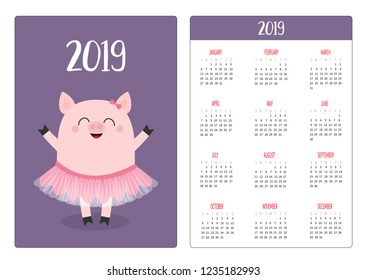 Cute pig piggy ballerina. Ballet dancer. Simple pocket calendar layout 2019 new year. Week starts Sunday. Cartoon character. Vertical orientation. Flat design. Violet background. Vector illustration