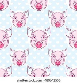 Cute pig (piggy) faces seamless pattern background design for fabric and decor