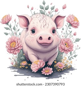 Cute Pig Piggy pink color with Flower Splash Colorful Watercolor Domestic Pet 3D Vector Artwork Flowers and Leaves a high detailed illustration  T-shirt design Mug print Sublimation print Laser Print