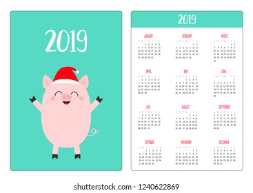 Cute pig piggy in Santa red hat. Simple pocket calendar layout 2019 new year. Week starts Sunday. Cartoon smiling character. Vertical orientation. Flat design. Green background. Vector illustration