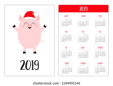 Cute pig piggy in Santa red hat. Simple pocket calendar layout 2019 new year. Week starts Sunday. Cartoon smiling character. Vertical orientation. Flat design. White background. Vector illustration