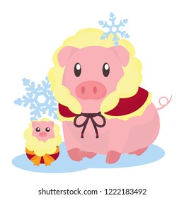 Cute Pig and Piglet in Winter