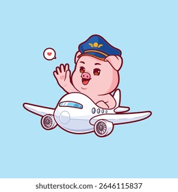 Piloto de porco bonito voando um vetor de avião mascote logotipo. Ilustração do conceito do ícone de transporte animal.