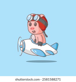 Cute Pig Pilot Vector Cartoon Illustration