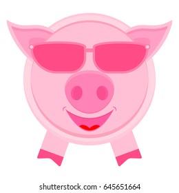 Cute pig in pink glasses. Vector cartoon illustration. Clipart and drawing on white background.  