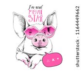 Cute Pig in a pink Lips Sunglasses. I'm real movie star - lettering quote. Humor card, t-shirt composition, hand drawn style print. Vector illustration.